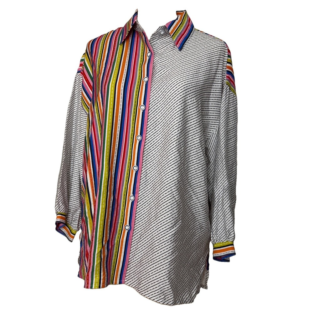 Ali Miles Button Up Blouse Top M Mixed Striped Art to Wear Quirky artsy colorful